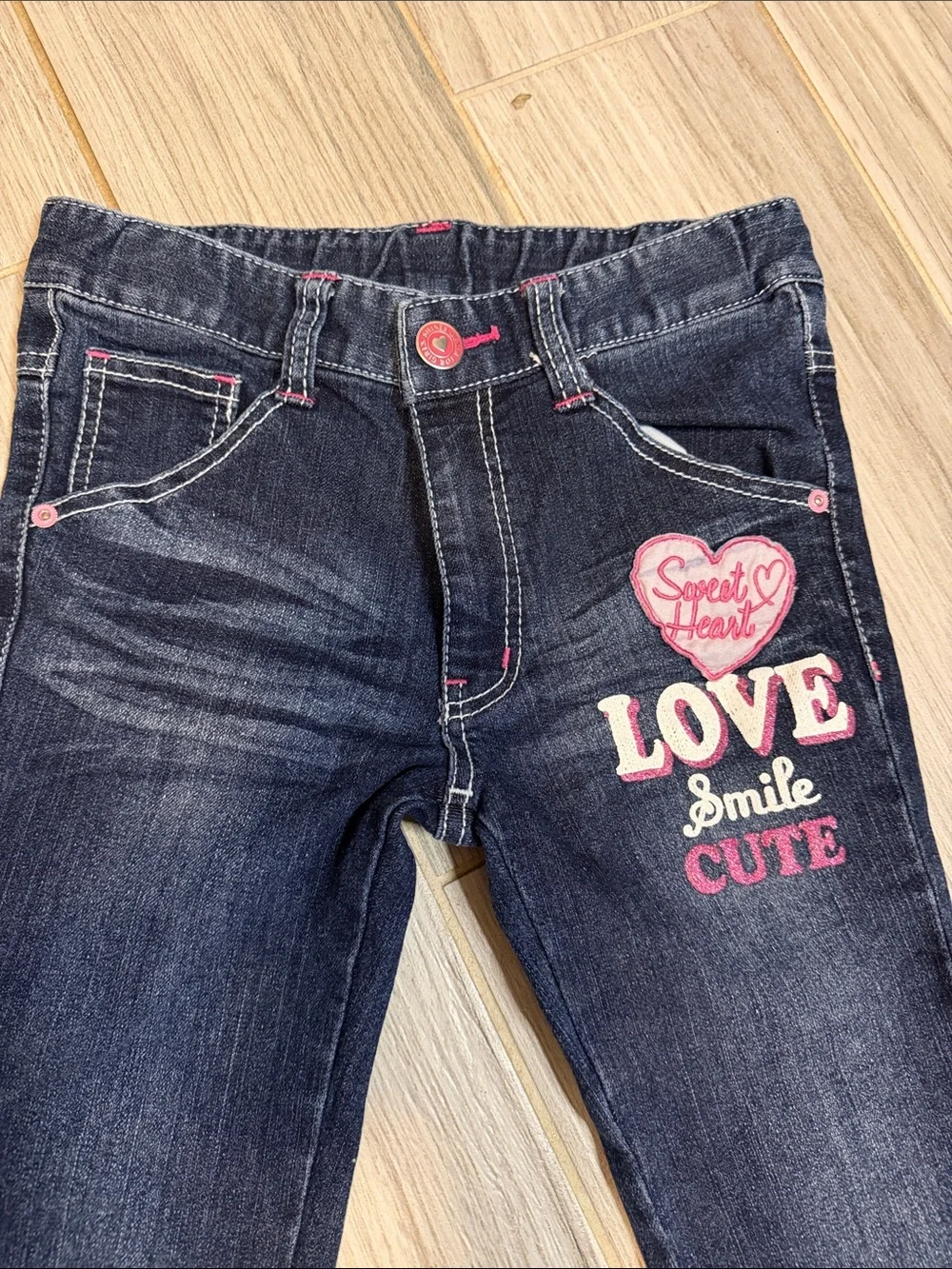 Girls' Dark Wash Jeans with Pink Heart Embroidery